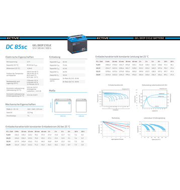 ECTIVE DC 85SC GEL Deep Cycle avec PWM-Chargeur und LCD-Afficher 85Ah Batteries Dcharge Lente